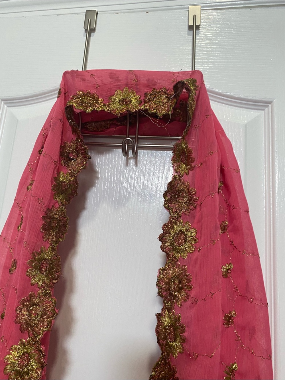 Ethnic Indian Wear Hot Pink Scarf with Gold Floral Embroidery